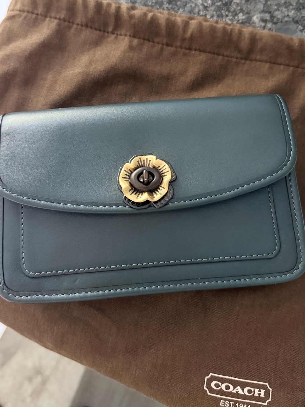 Coach Classic Camellia Collection. Teal Leather Floral Turnlock Crossbody